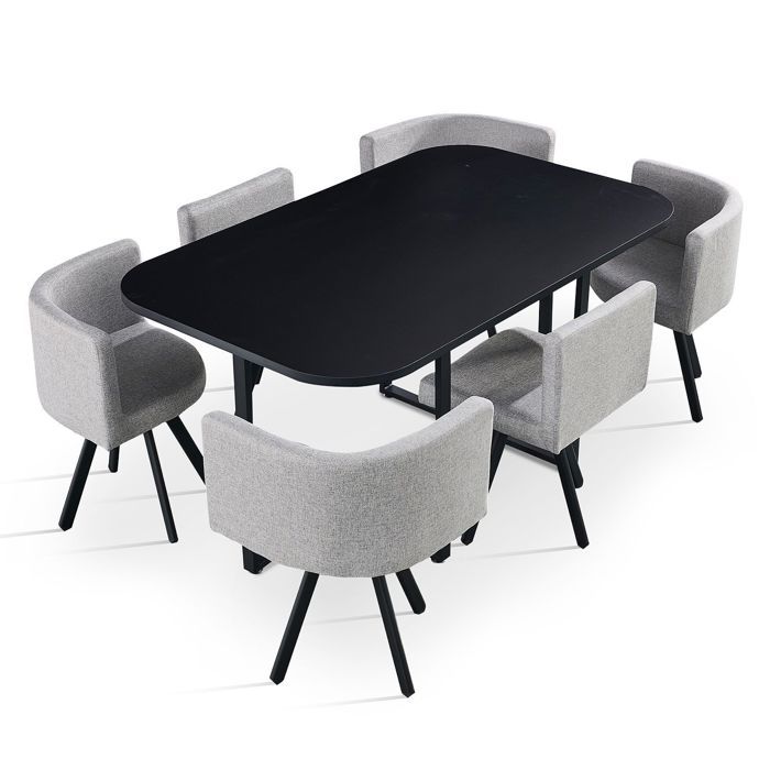 MENZZO Table rectangulaire 150cm avec 6 chaises gain de place Oslo Noir et Tissu Gris - table à manger Table : L150 x P90 x H75 MENZZO Table rectangulaire 150cm avec 6 chaises gain de place Oslo Noir et Tissu Gris - table à manger Table : L150 x P90 x H75