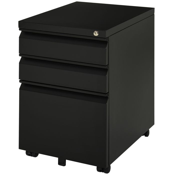 Roll Container armoire de bureau avec 3 tiroirs et roues poignée concave acier noir pour Bureau et Bureau à domicile