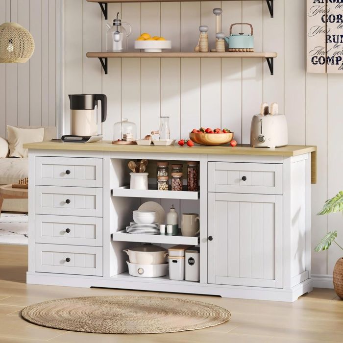 Buffet de cuisine - DREAMMESPACE - 150x65x75 cm - 5 tiroirs - 2 étagères - Blanc
