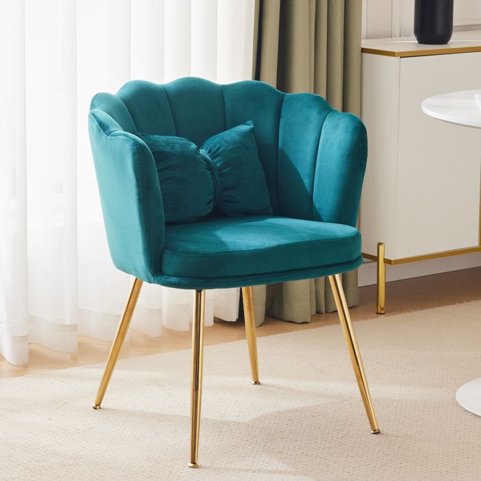 Fauteuil moderne en velours - Dossier pétale - Pieds métal doré - Coussin papillon - 63x58x77 cm - Vert