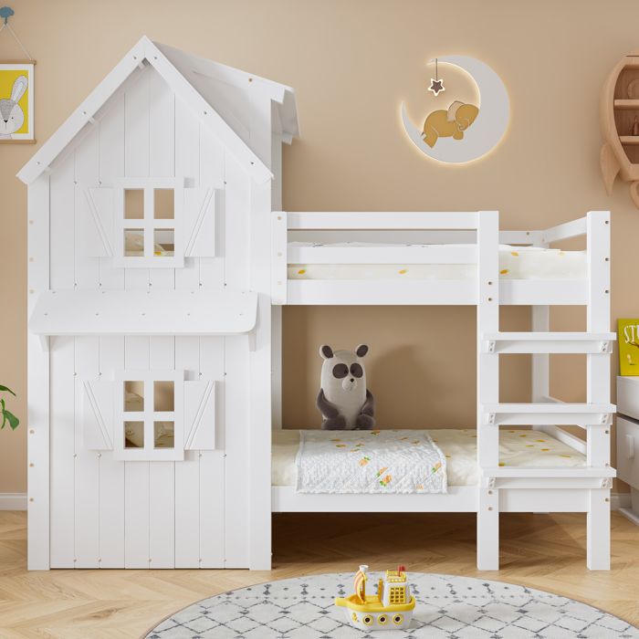 Lit superposé enfant 90x200 cm avec Barrières de Sécurité et escalier Lit Enfant bois avec sommier Cadre en pin Blanc