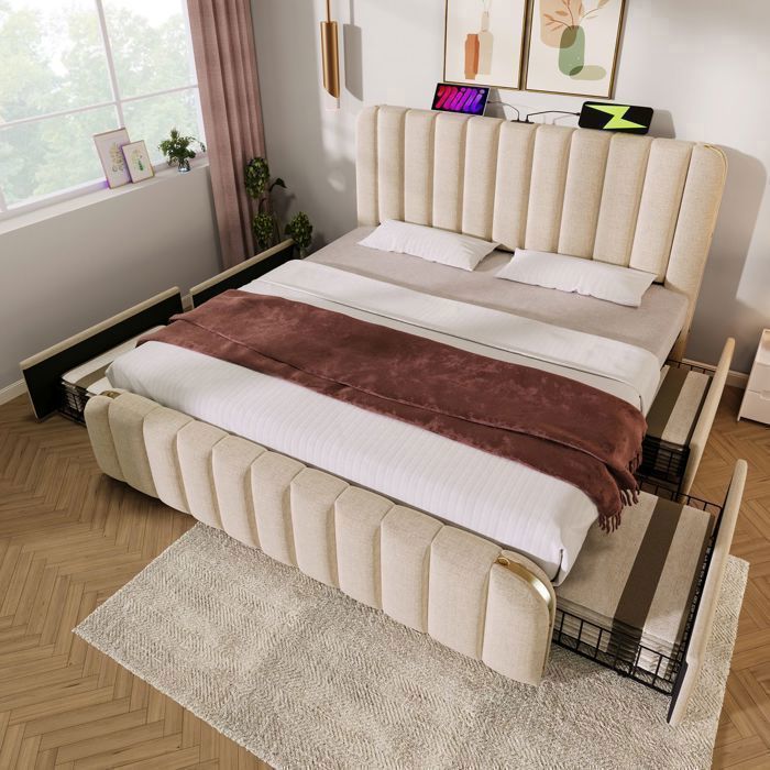 Lit coffre - SOGEU - Lit coffre capitonné 180x200 - 4 tiroirs - Lin beige - Ports USB Type-C