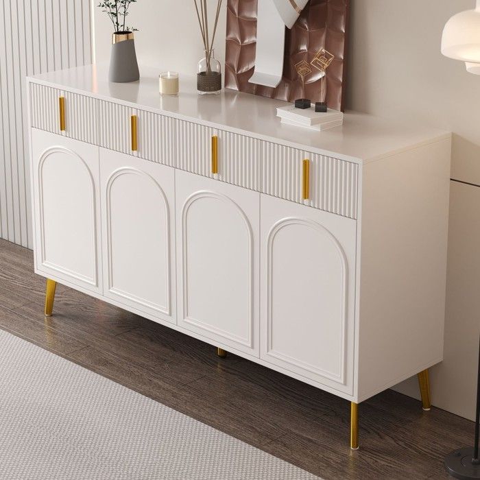 Buffet Bahut 4 Portes 4 Tiroirs 140x37 8x82 cm Stratifié Amovible Poignées Dorées Blanc Salon Salle à Manger Buffet Bahut 4 Portes 4 Tiroirs 140x37 8x82 cm Stratifié Amovible Poignées Dorées Blanc Salon Salle à Manger