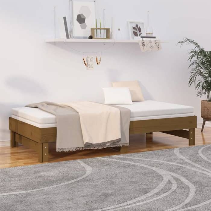 Lit coulissant en bois - UU - Marron miel - Bois de pin massif - 192 5x149x33 5 cm étendu