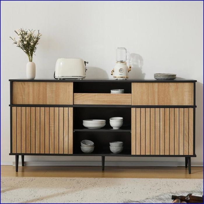 Commode - 4 Portes Coulissantes + 1 Tiroir - Noir & Érable Naturel - 160x40x80 cm
