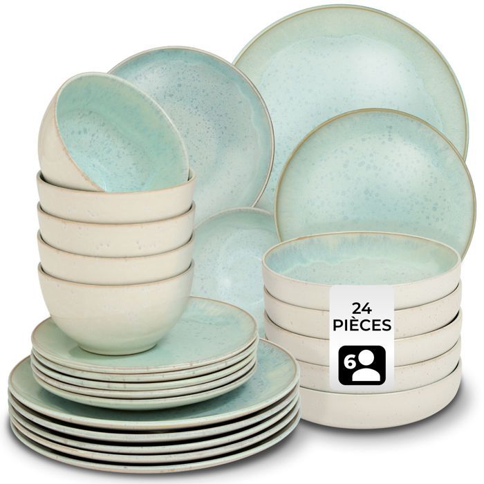 Service - TECTAKE - Set de vaisselle MARE 24 pièces en faïence émaillée 6 personnes fait main compatible lave-vaisselle - Menthe