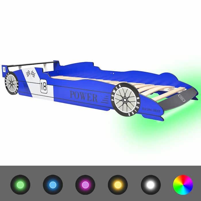 SALE 2026Lit Jeune tout-petit Bleu - Structure de lit pour Fille/Garçon - Lit voiture de course pour enfants avec LED 90x200cm Ble