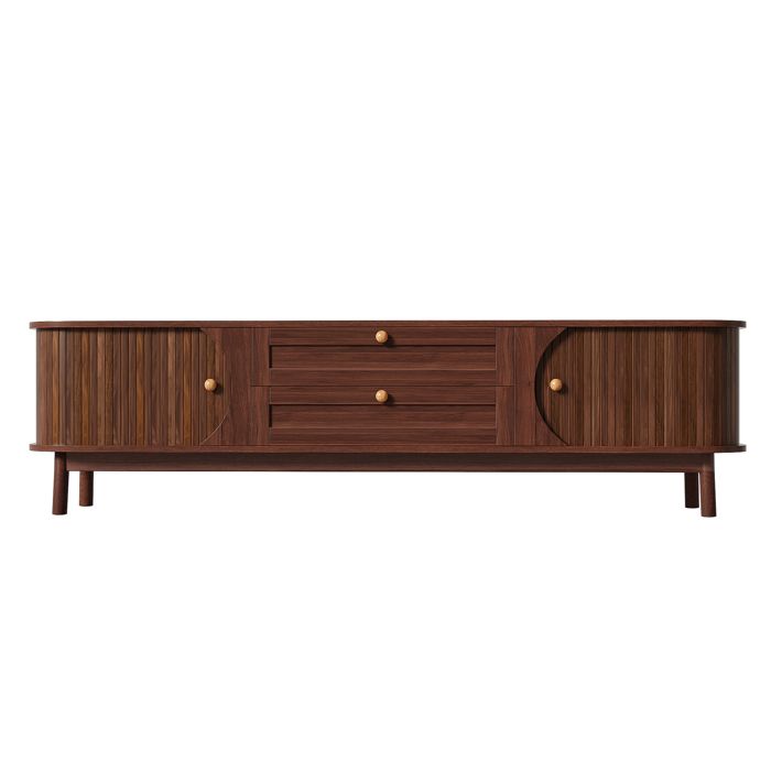 Meuble TV - HIBA - 170 x 395 x 46 cm - Noyer laqué - 2 portes & 2 tiroirs - Pieds en bois