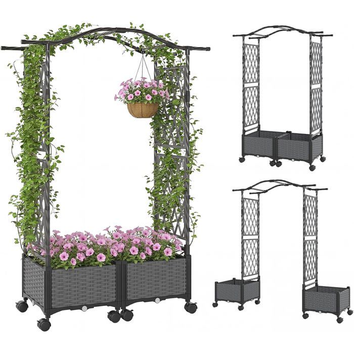 Jardinière Extérieur avec Treillis COSTWAY pour Plantes Grimpantes Roulettes Verrouillables Toit Arrosage Automatique Gris