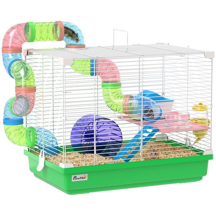 Meilleurs prix pour Cage à hamster - PawHut - 2 niveaux avec poignée - avec tunnel biberon eau roue maisonnette échelles - vert