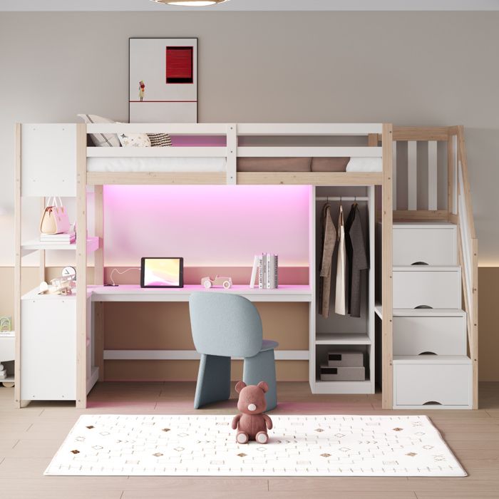 Lit mezzanine 90x200 cm avec bureau. armoire. étagères. escalier avec rangements. prises UE. LED blanc/naturel