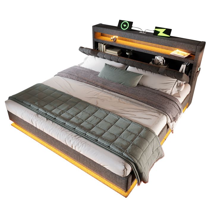 Lit Coffre 180x200 cm avec Coffre et LED Lit Double Capitonné Moderne avec Ports USB Type-C Lin Sans Matelas Gris