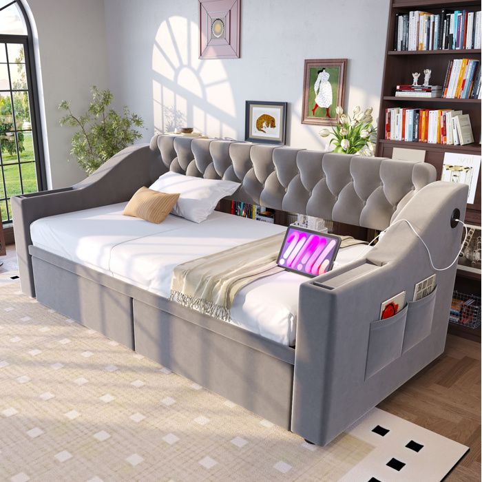 Canapé-lit capitonné 90 x 190 cm en velours gris clair avec rangements