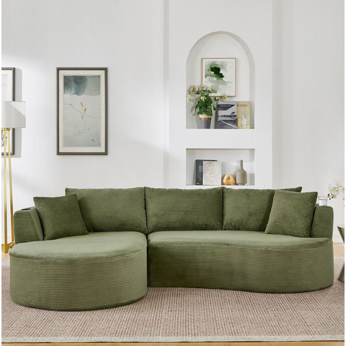 Canapé 3 places vert design arrondi avec porte-gobelets et coussins montage sans outils