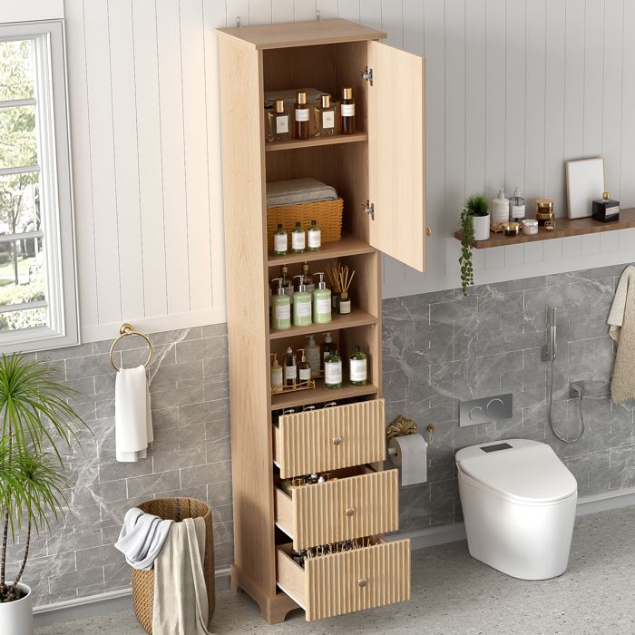 Armoire Haute de Salle de Bain - avec 3 Tiroirs - 2 Étagères Ouvertes - Bois Naturel - 40x30x172 cm