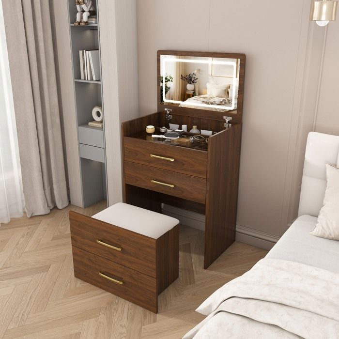Coiffeuse d’angle 3-en-1 avec miroir rabattable. rangements intégrés et tabouret. MDF décor noyer