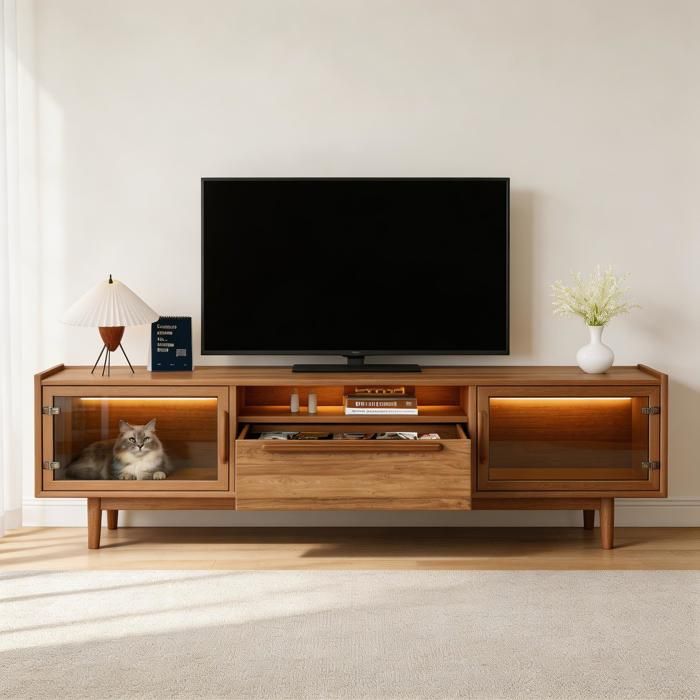 Meuble TV - Moderne 180x40x50 cm - Noyer - LED intégré - Portes accès chat - Verre trempé renforcé