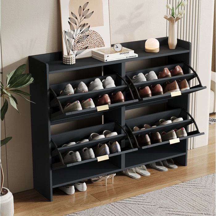 Meuble à chaussures noir L110 x P24 x H90 cm 4 abattants étagères réglables gain de place
