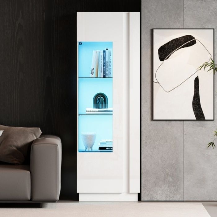 Vitrine armoire laquée brillante 60x40x180cm porte en acrylique 3 étagères verre LED