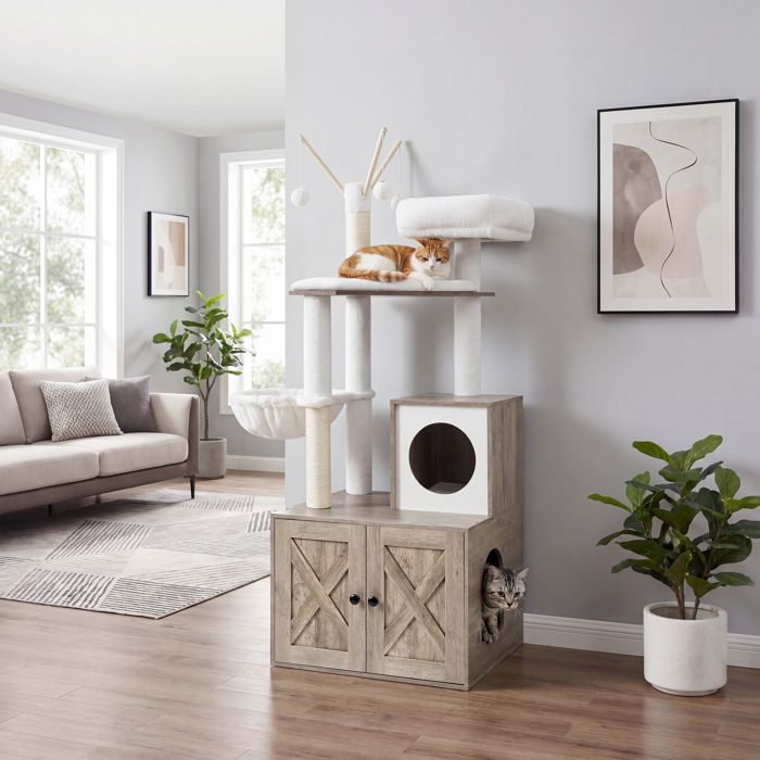 Arbre à Chat avec Meuble Caché pour Litière Tour Moderne avec Poteaux à Griffer Bâtonnets de Pompon Amovibles Grège
