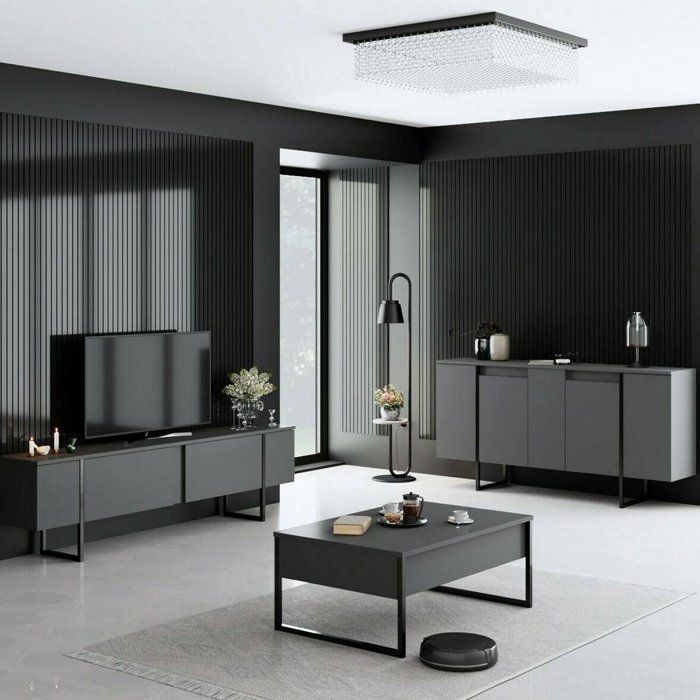 Ensemble Meubles de Salon Pignano Dmora en Bois Mélaminé Noir Anthracite Ensemble Meubles de Salon Pignano Dmora en Bois Mélaminé Noir Anthracite
