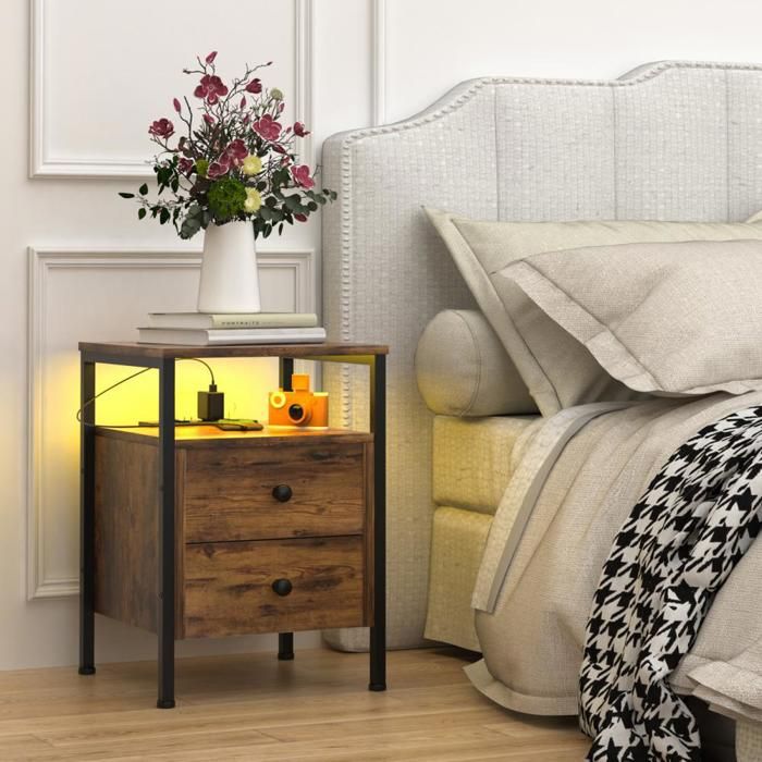 LVHCMFOHM Table de Chevet LED - Style Industriel - Table de Nuit avec Prise - Tiroirs et Étagères Rangement - 40x40x61cm - Marron