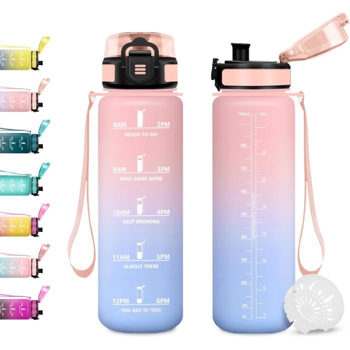 Gourde 1L Bouteille deau avec Marqueur de Temps et Filtre Étanche  pour Bureau Cyclisme Randonnée