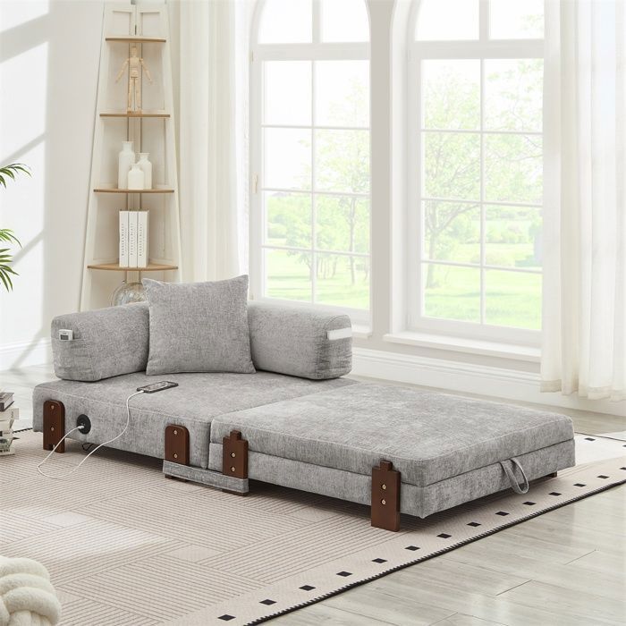 Canapé Convertible 2 en 1 avec Coffre de Rangement - Banquette Lit Pliante Compacte Ports USB & Type-C &Coussin - Gris clair