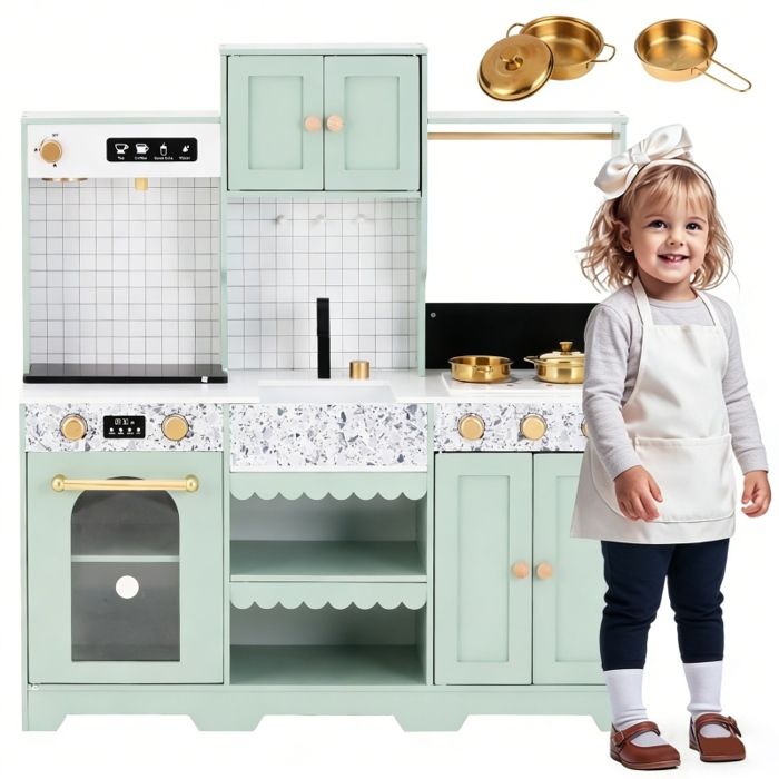 Cuisine Enfant en Bois Cuisine Jouet Éducative avec Accessoires & Effets Cadeau Idéal Filles Garçons dès 3 Ans Vert 30x90x98cm
