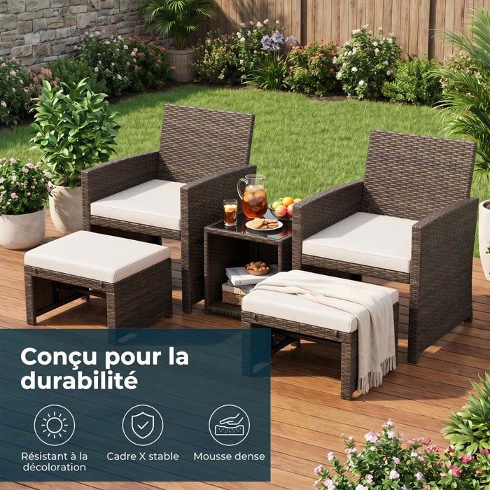 Ensemble de mobilier de jardin - 5 pièces - Osier PE résistant aux intempéries - Coussins zippés & repose-pieds - Table verre trempé