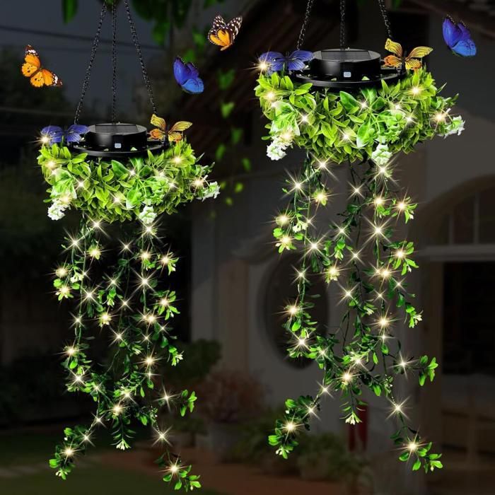 Lampe Solaire Exterieur- 2 Fausse Plante IP65 Suspendue Jardin Décoration- Plante Artificielle Tombante Cour