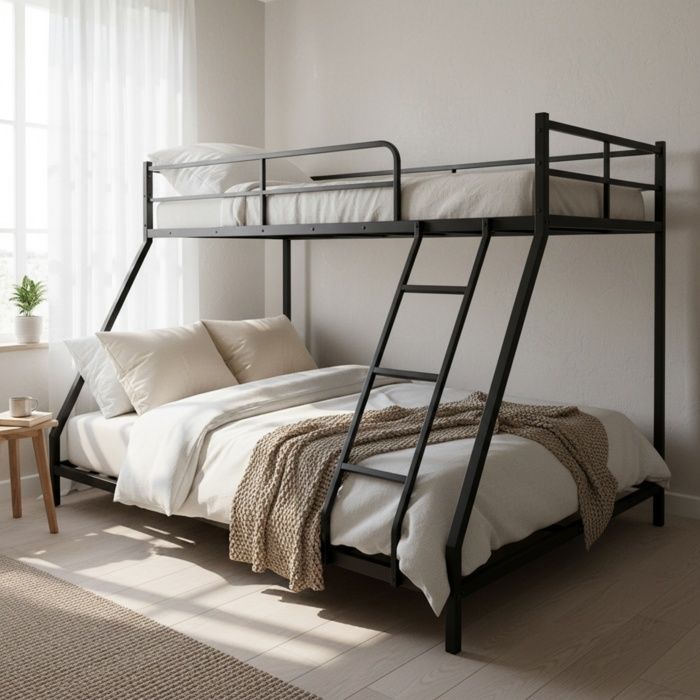 Lit superposé métal 90x200/140x200 cm lit pour trois personnes avec échelle et garde-corps sécurité pour chambre enfant ado noir
