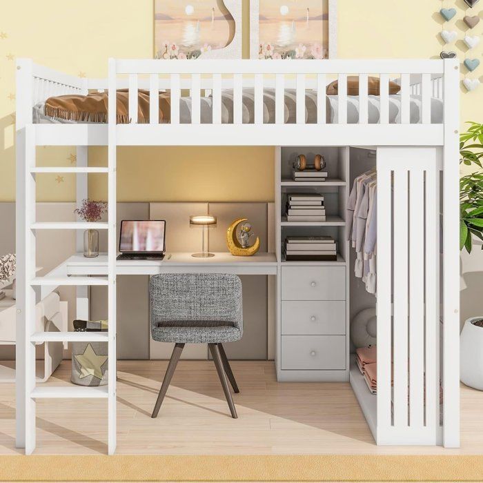 Lit Mezzanine 140x200 cm avec Bureau Armoire et 3 tiroirs Espace de Rangement Ouvert Lit Superposé Enfant/Ado Blanc