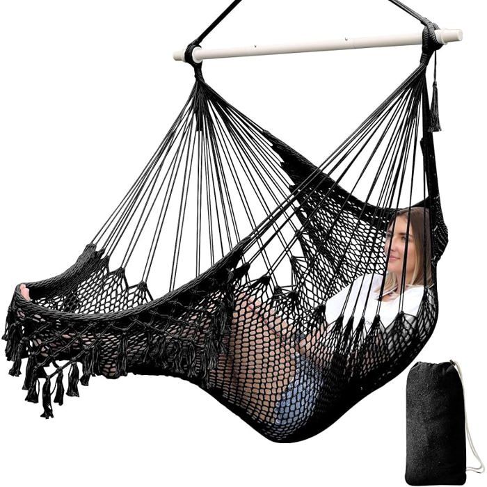 Chaise Hamac Chaise Suspendue Super Large Chaise en Coton tissé DouxBarre écartement en métal Solide et Noir 240x80cm