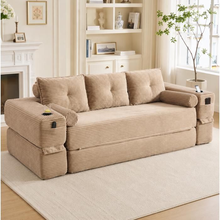 Canapé convertible 3 places en tissu corduroy kaki avec poche latérale porte-gobelet et coussins mémoire