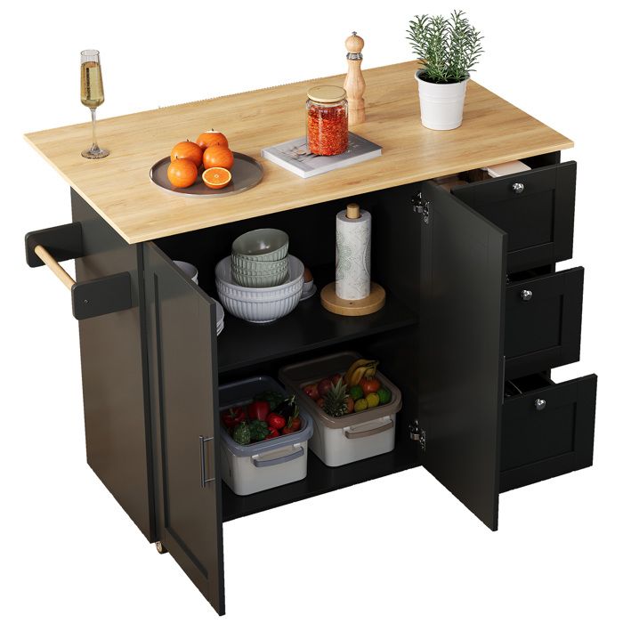 Îlot central de cuisine mobile - Noir et naturel - plateau rabattable 3 tiroirs 135 x 70 x 90 cm