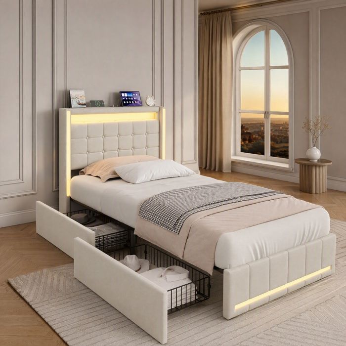 Lit rembourré 1 place 90x200 cm avec LED et 2 tiroirs lit coffre avec port USB TypeC sommier à lattes lin beige