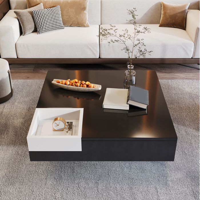Table basse carrée 72 x 72 x 30 cm brillante noir et blanc avec boîte de rangement amovible et LED multicolore