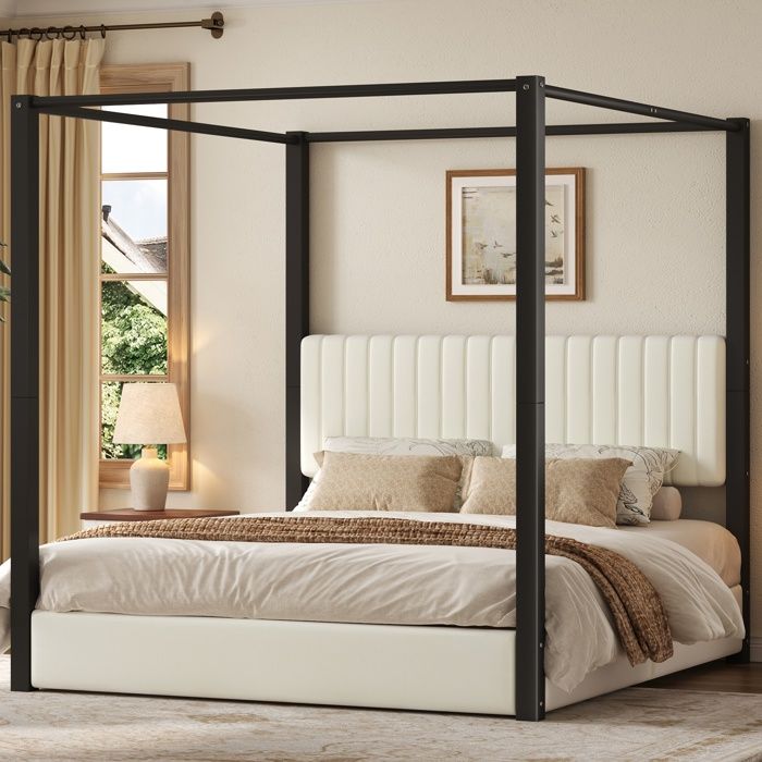Lit à baldaquin capitonné 180x200 beige/noir avec tête rembourrée cadre métal et sommier inclus