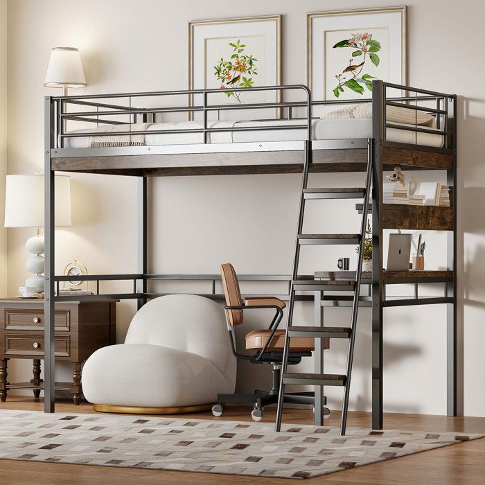 Design solide et sécurisé lit mezzanine surélevé avec espaces de rangement avec bureau intégré en fer couleur noir