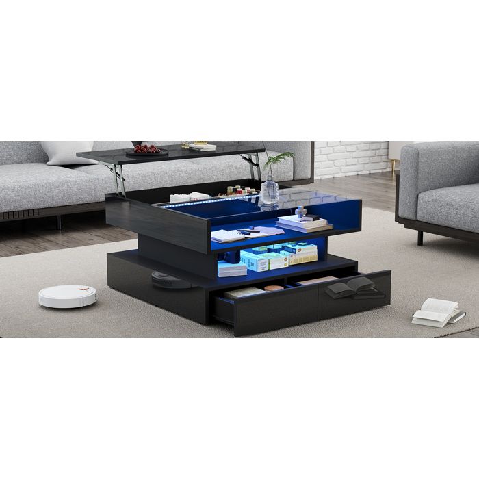 Table basse carrée relevable 80 x 80 x 45 cm noire brillante avec verre trempé LED rangement caché et 2 tiroirs