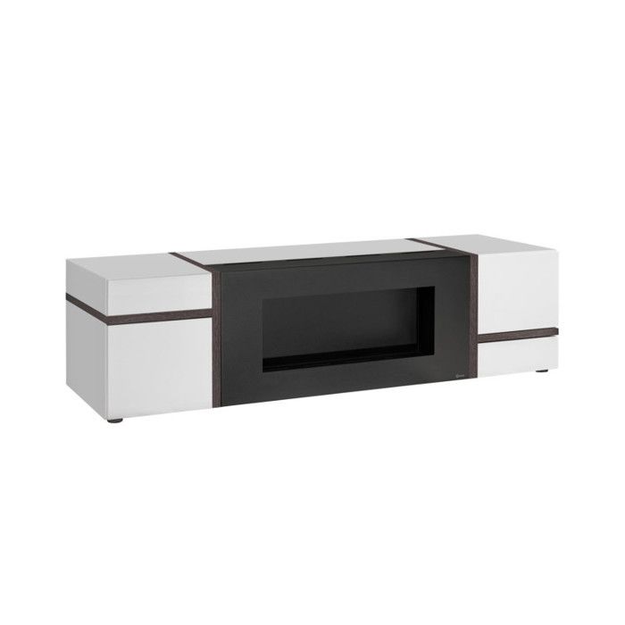 Meuble TV Cross avec cheminée bioéthanol - Bois MDF blanc brillant et orme Perla - 150 x 50 x 50 cm