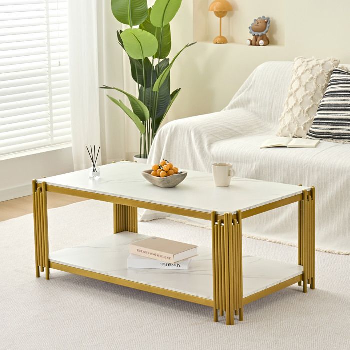 Table basse rectangulaire effet marbre 114x64x46 cm 2 niveaux en MDF métal doré blanc pour salon JOINERY