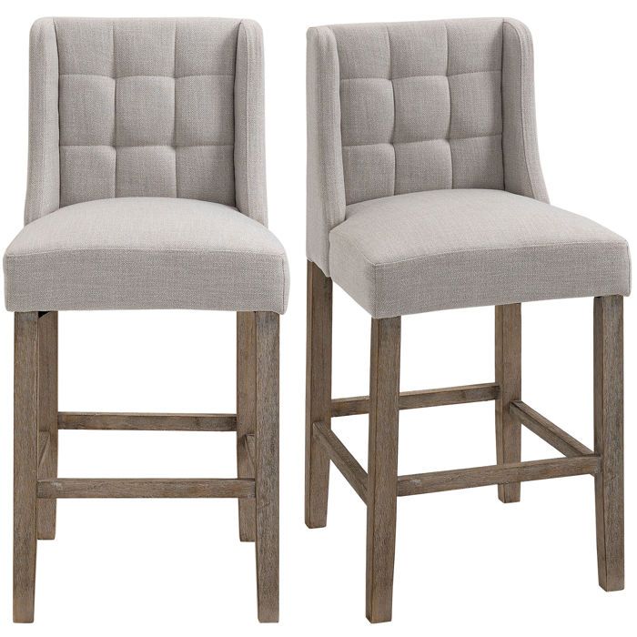 Lot de 2 tabourets de bar avec dossier finition beige et bois effet lin repose-pieds 47 x 50 x 101 cm