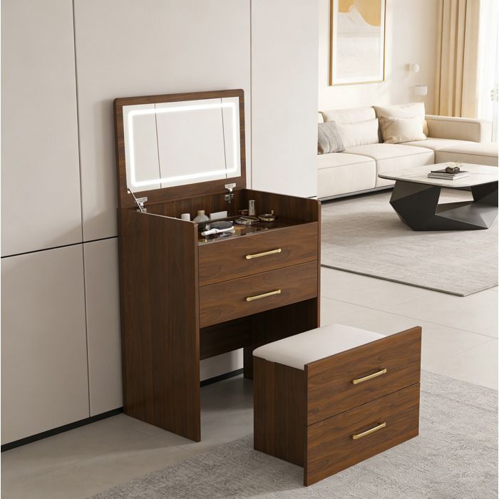 Coiffeuse 3-en-1 en MDF couleur noyer 60 x 40 x 118 cm avec miroir relevable plateau en verre et 3 tiroirs