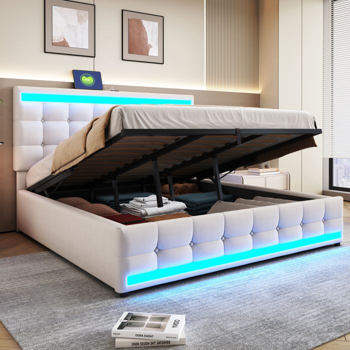 Lit capitonné 180x200cm beige avec rangement hydraulique LED intégrées USB tête ajustable lin douxcapacité 350kgdesign moderne