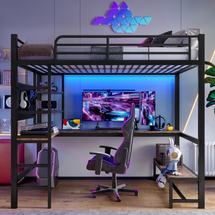 Lit mezzanine 90x200 métal noir avec bureau LED prises USB/Type-C et étagères lit surélevé 1 personne gain de place
