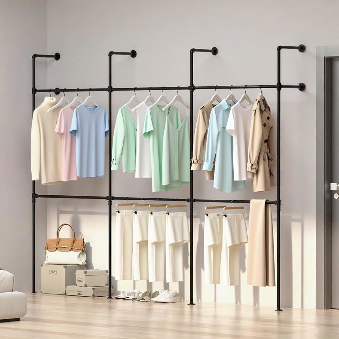 Koioplie Portant vêtements mural industriel en acier 450 kg penderie modulable avec 6 tringles réglables pour dressing boutique