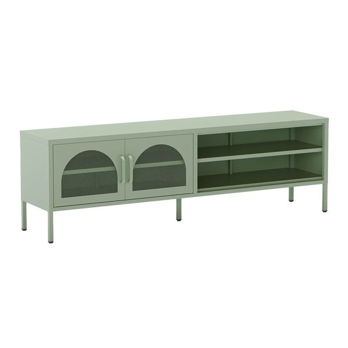 OLIVIA - Meuble TV 160 cm 2 Portes Ajourées 2 Niches en Métal Vert Menthe OLIVIA - Meuble TV 160 cm 2 Portes Ajourées 2 Niches en Métal Vert Menthe