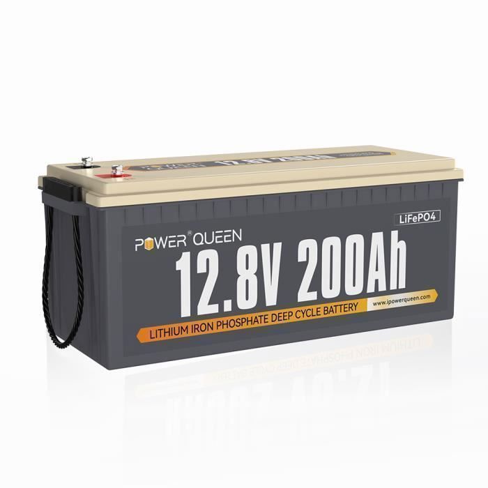 Power Queen Batterie Lithium LiFePO4 - 12V 200Ah - 2560Wh- BMS 100A - 4000+ Cycles de Recharge - Couleur Gris - L532*P207*H215mm